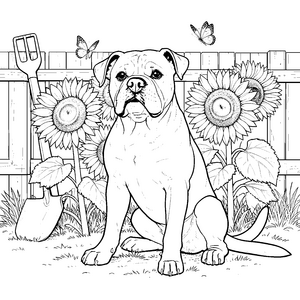 Gelassener Boxer bei Sonnenblumen Malvorlage für Blumenfans