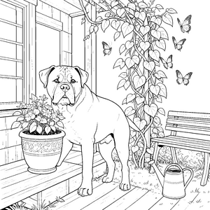 Ruhiger Boxer auf der Terrasse Malvorlage für Gartenfreunde