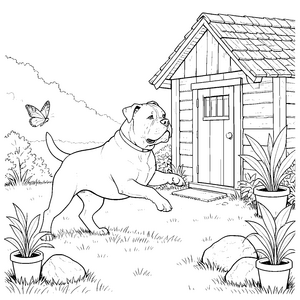 Aufmerksamer Boxer am Gartenhaus Bastelvorlage für mutige Gartenfreunde