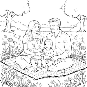 Harmonische Familie auf der Picknickdecke Bastelvorlage für Naturfreunde