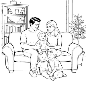 Gemütliche Familie auf dem Sofa Ausmalvorlage für mutige Bücherwürmer