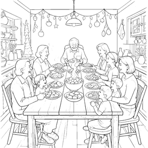 Festliche Familie beim gemeinsamen Essen Ausmalvorlage für Küchenfreunde