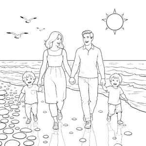 Glückliche Familie am Strand Ausmalbild für junge Meeresfreunde