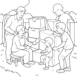 Eifrige Familie beim Umzug mit Kartons Malvorlage für fröhliche Gartenhelfer