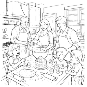 Fröhliche Familie beim Kuchenbacken Ausmalvorlage für kreative Backbegeisterte
