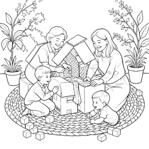 Gemeinsame Familie beim Kartonbauen Ausmalvorlage für kleine Bauexperten