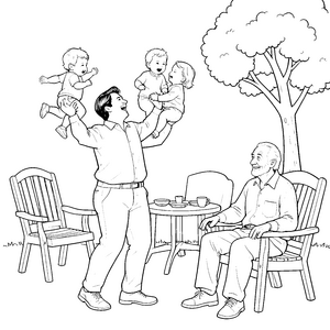 Herzliche Familie unter dem Baum Bastelmotiv für malfreudige Gartenbesucher