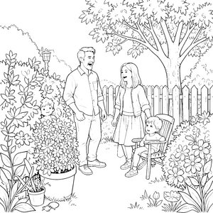 Idyllische Familie im Blumenbeet Malvorlage für kleine Gartenhelden