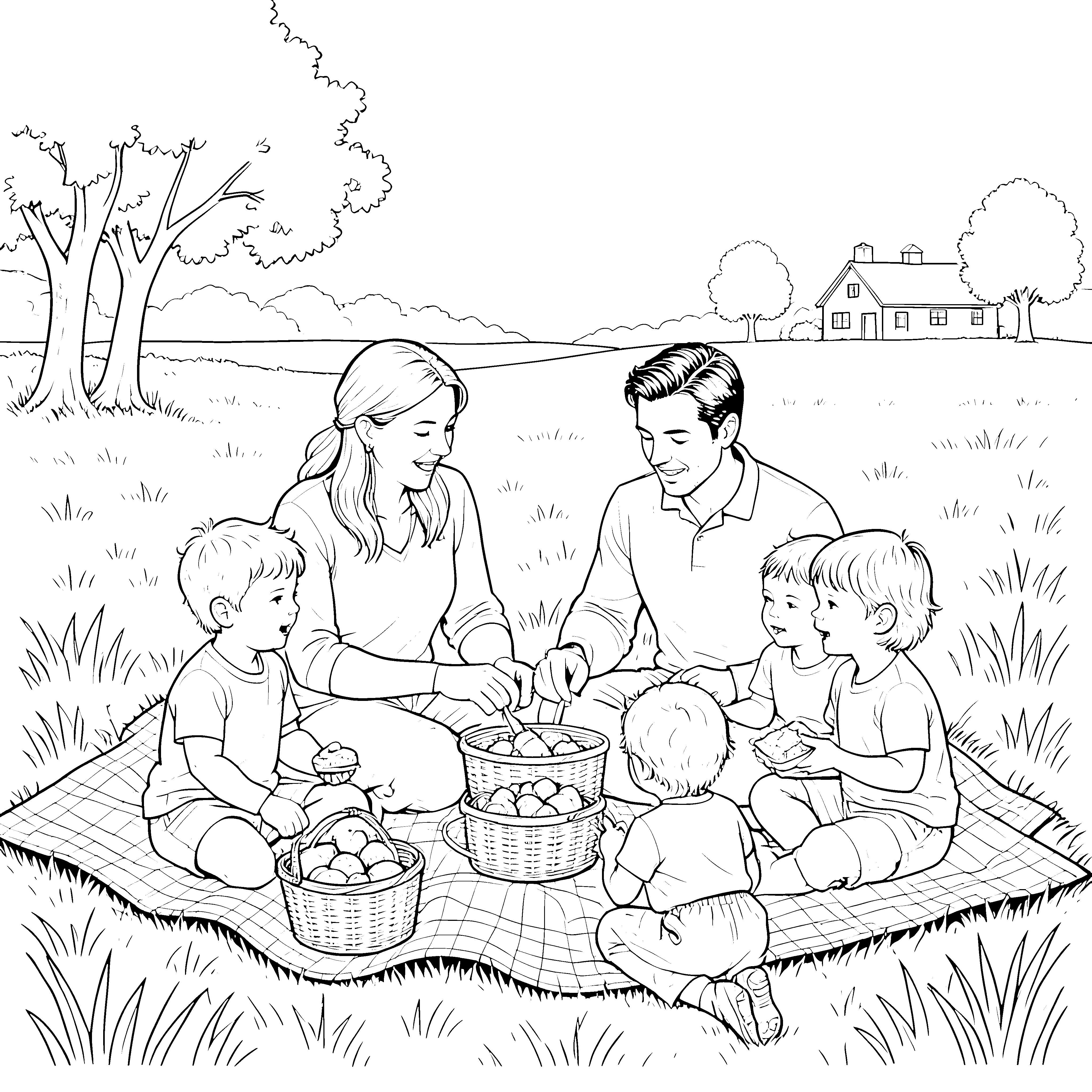 Fröhliche Familie beim Picknick Malvorlage für Wiesenfreunde