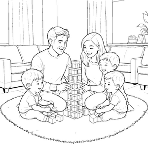Harmonische Familie beim Turmbauen Ausmalvorlage für mutige Spielkameraden