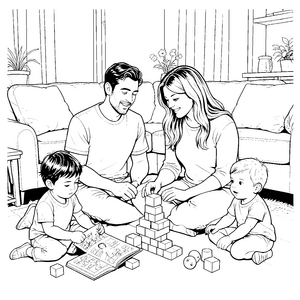 Liebevolle Familie mit Bauklötzen Malbild für kleine Vorlesefreunde