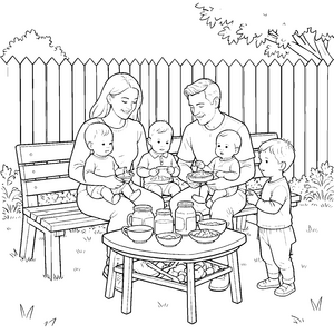 Gesellige Familie beim Gartenessen Ausmalbild für kreative Picknickfreunde