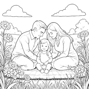 Liebevolle Familie auf der Picknickdecke Malbild für Picknickfreunde