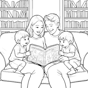 Begeisterte Familie beim gemeinsamen Lesen Ausmalvorlage für neugierige Bücherwürmer