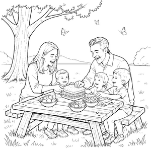 Gemütliche Familie beim Kuchenpicknick Bastelmotiv für mutige Picknickfreunde