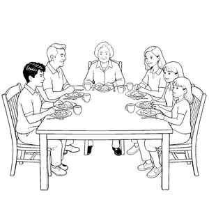 Harmonische Großfamilie am Esstisch Ausmalbild für kleine Tischfreunde