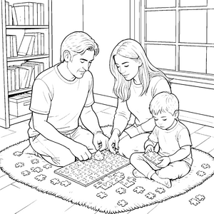 Gemeinsame Puzzlefamilie Malbild für kleine Bücherwürmer