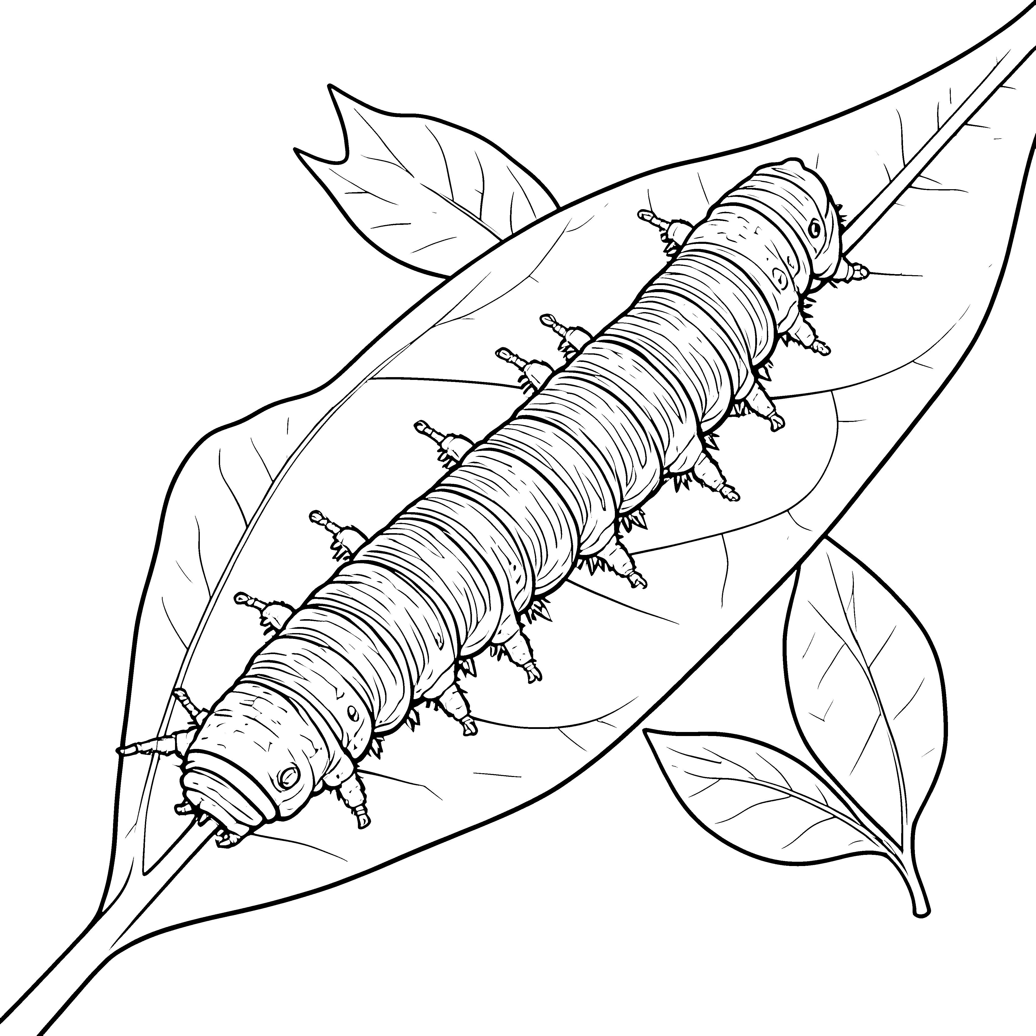 Segmentierte Raupe auf großem Blatt Ausmalbild für malfreudige Gartenkinder