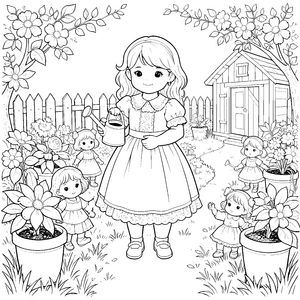 Heiteres Puppenensemble im Garten Malbild für junge Pflanzenfreunde