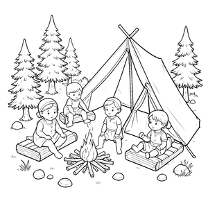 Abenteuerliche Puppen am Lagerfeuer Malbild für fröhliche Waldfreunde