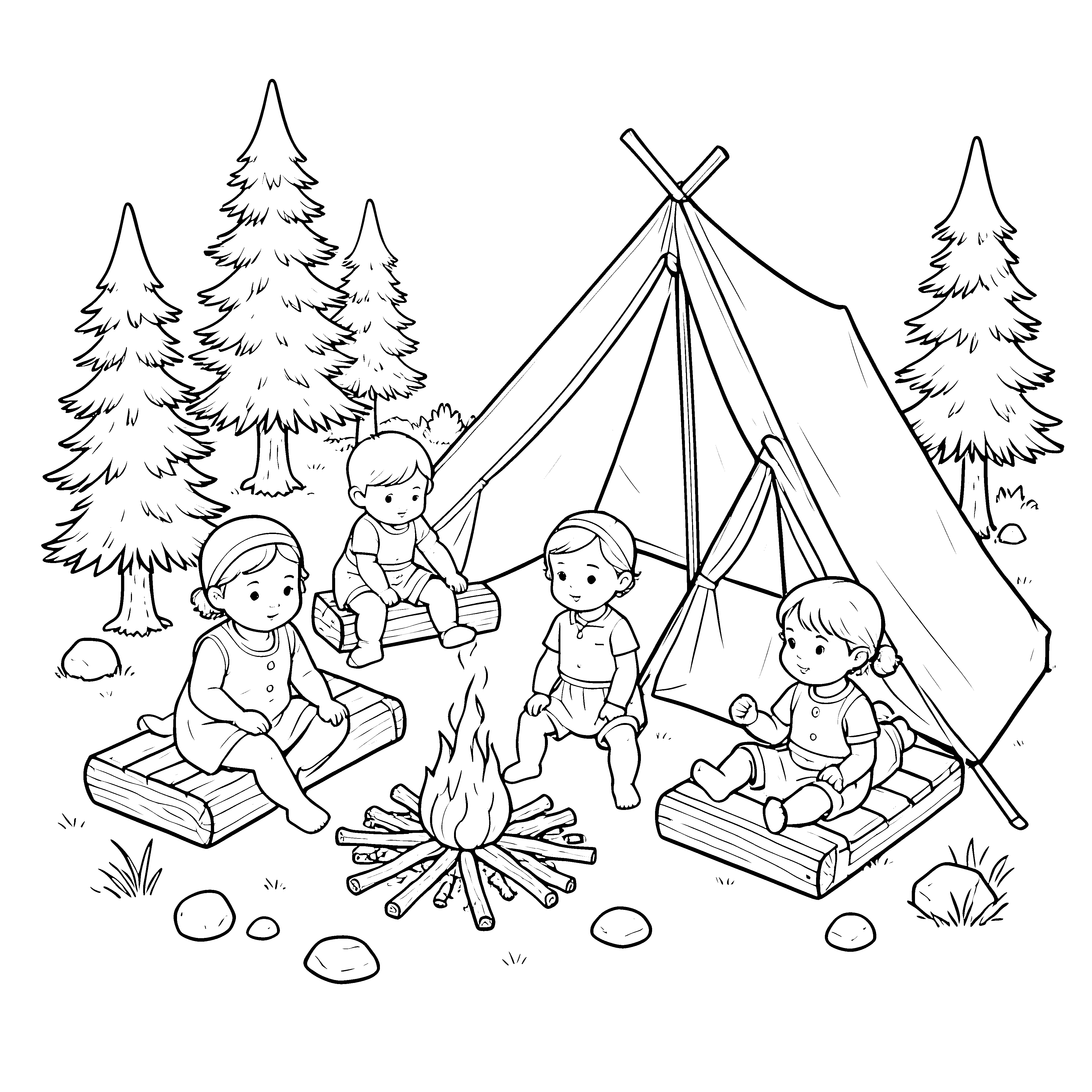 Abenteuerliche Puppen am Lagerfeuer Malbild für fröhliche Waldfreunde