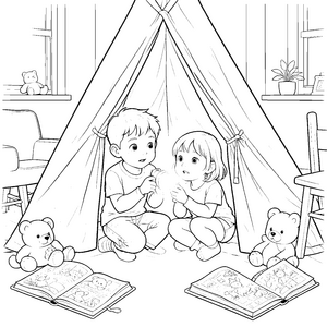 Gemütliche Geschwister im Zelt Bastelmotiv für fröhliche Geschichtenfreunde