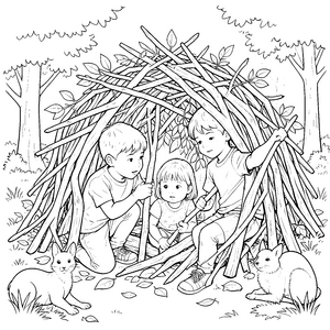 Abenteuerliche Geschwister im Waldunterschlupf Bastelvorlage für verträumte Waldkinder