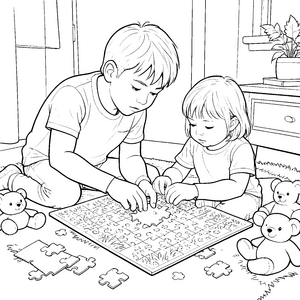 Konzentrierte Geschwister beim Puzzeln Bastelvorlage für fröhliche Spielkameraden
