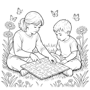 Harmonische Geschwister beim Puzzeln Bastelmotiv für malfreudige Wiesenkinder