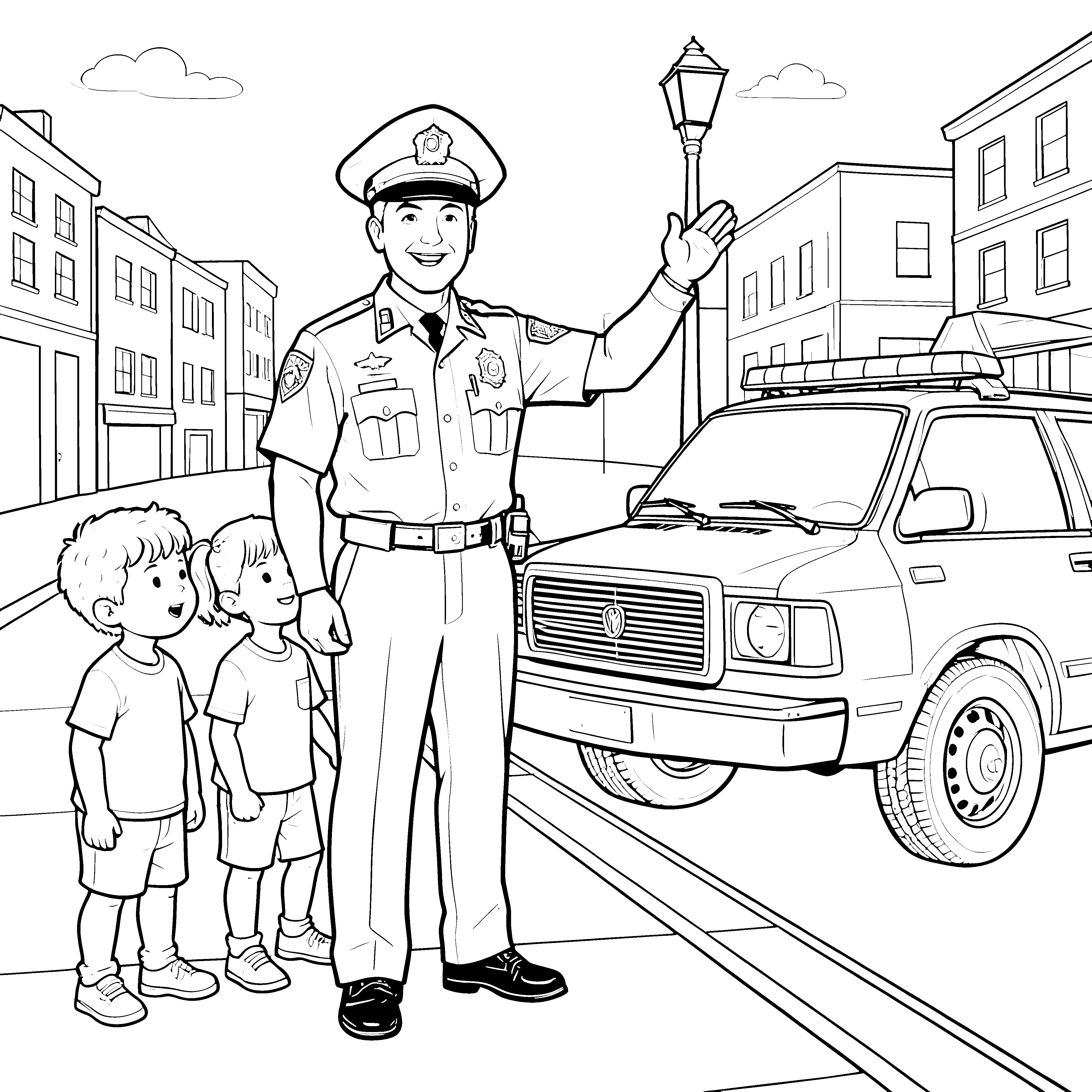 Freundlicher Polizist mit Kindern Bastelvorlage für verträumte Straßenkinder