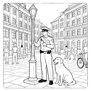 Stolzer Polizist mit Hund Malvorlage für kleine Stadtfreunde