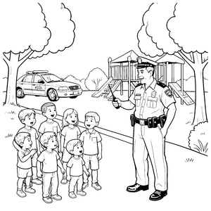 Hilfsbereiter Polizist am Spielplatz Ausmalbild für kleine Spielplatzfreunde