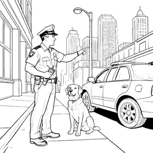 Aufmerksamer Polizist mit Hund und Wagen Bastelvorlage für Stadtkinder