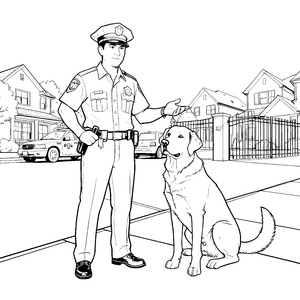Mutiger Polizist mit treuem Hund Malbild für kleine Ordnungshüter