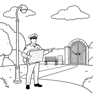 Hilfsbereiter Polizist mit Stadtkarte Ausmalbild für kleine Parkbesucher