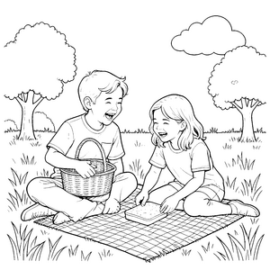 Fröhliche Freunde beim Picknick Bastelmotiv für junge Wiesenkinder
