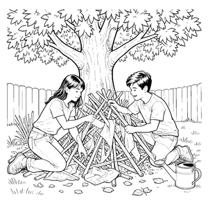 Gemeinsame Freunde beim Lagerfeuer Ausmalbild für junge Waldfreunde