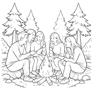 Gemütliche Freunde am Lagerfeuer Malvorlage für Waldabenteurer