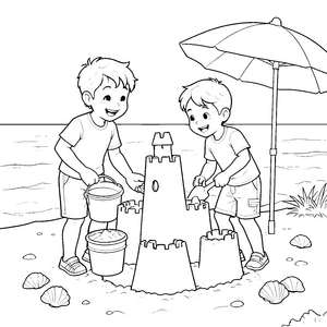 Fröhliche Freunde an der Sandburg Bastelmotiv für Strandkinder