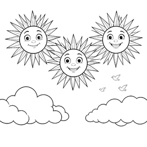 Lächelnde Sonnen mit Wolken Malbild für mutige Himmelswanderer