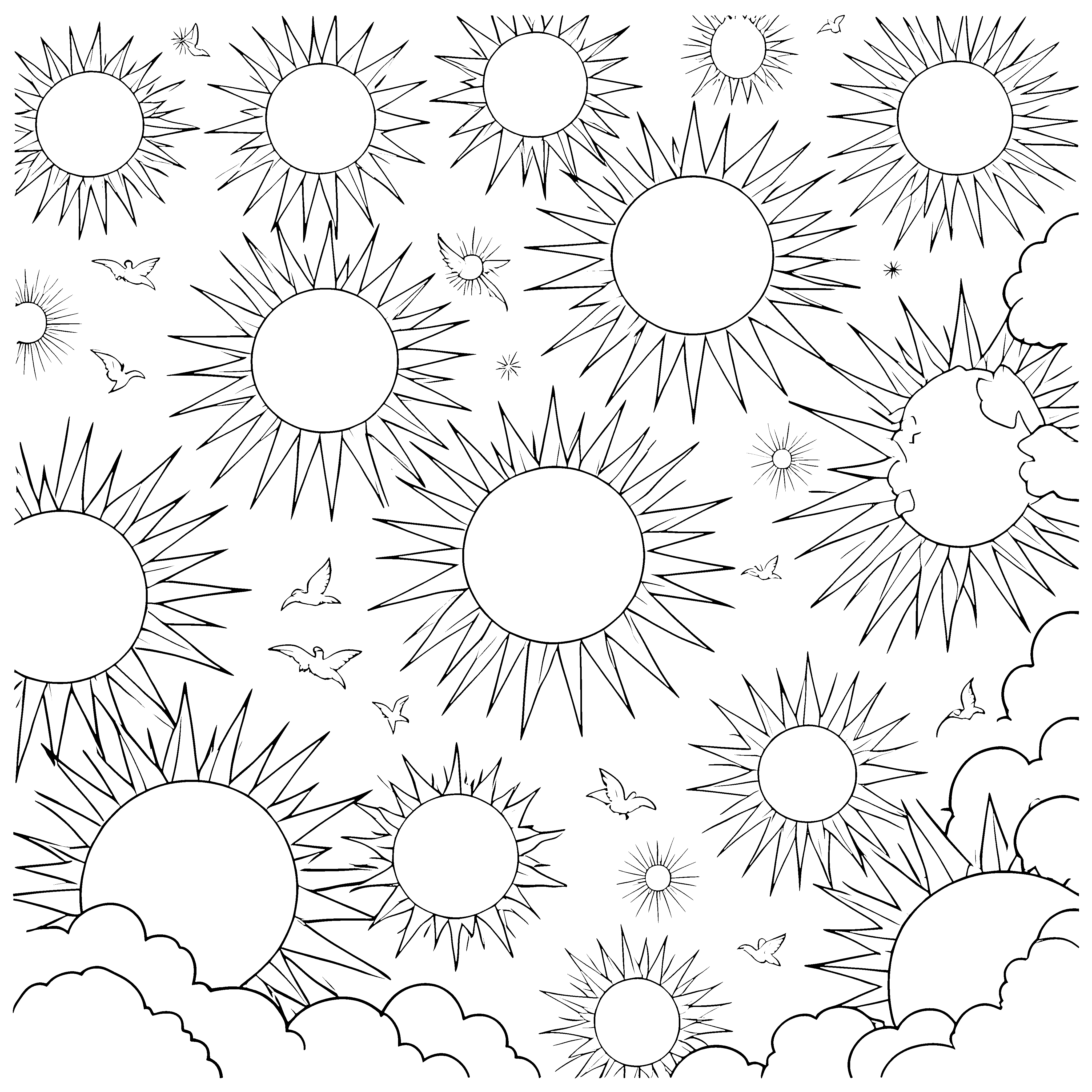 Leuchtendes Sonnenmeer mit Vögeln Malvorlage für fröhliche Himmelswanderer