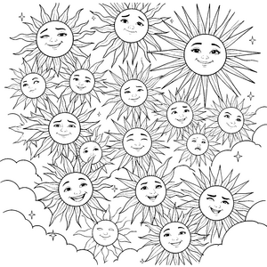 Fröhliche Sonnen mit Gesichtern und Wolken Bastelmotiv für malfreudige Himmelsträumer