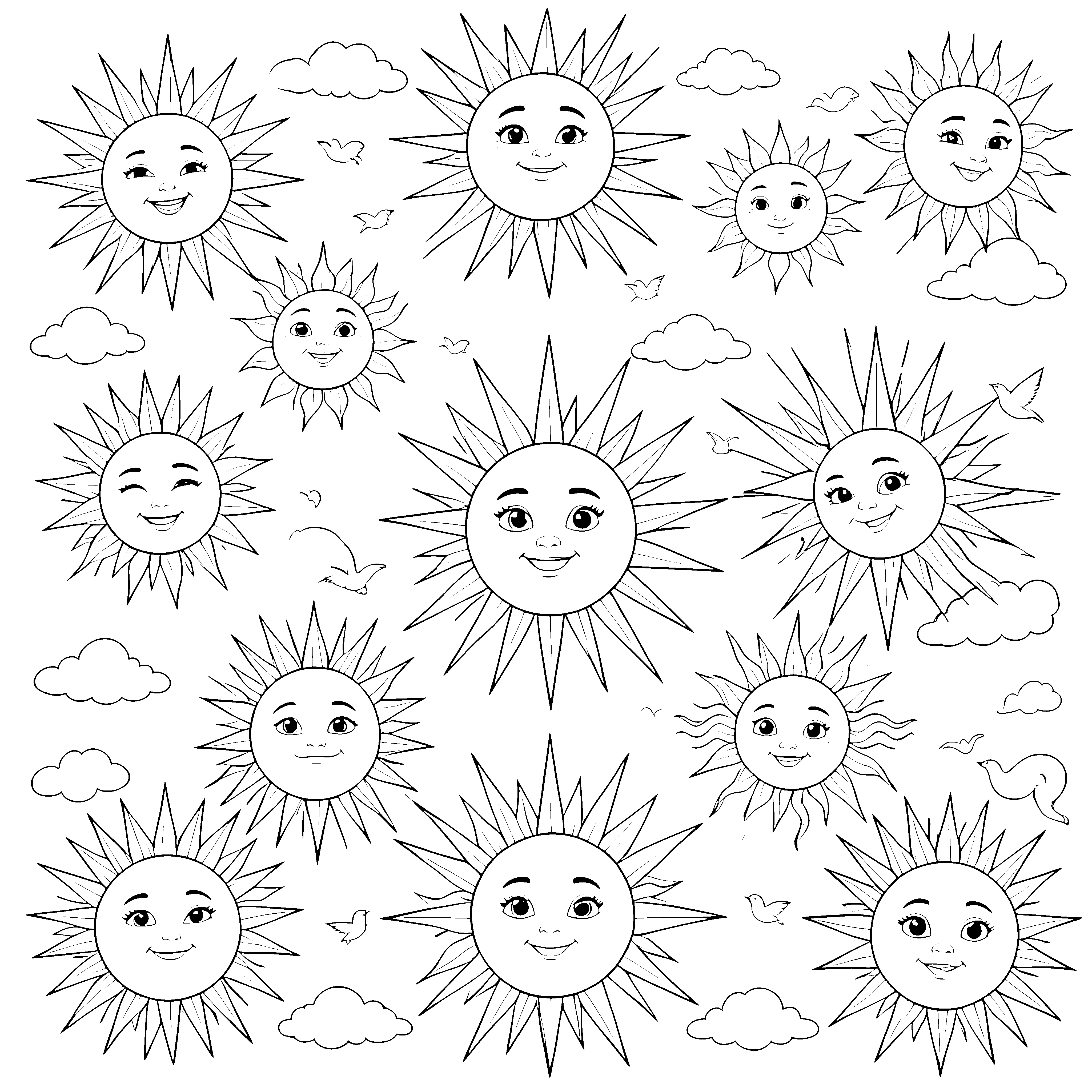 Heiteres Sonnenmeer mit Vögeln Ausmalvorlage für malfreudige Himmelsputzer