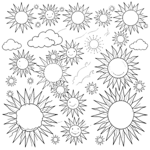 Strahlende Sonnen mit Gesichtern Ausmalvorlage für kleine Sonnenanbeter