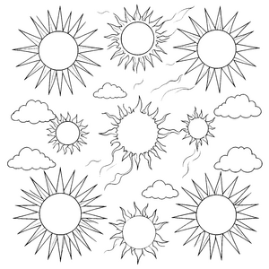 Vielfältige Sonnen mit Wolken Ausmalbild für malfreudige Lichtstrahler