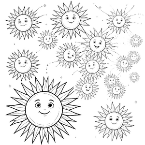 Strahlenfrohe Sonnen mit Gesichtern Ausmalvorlage für kleine Sonnenstrahlen