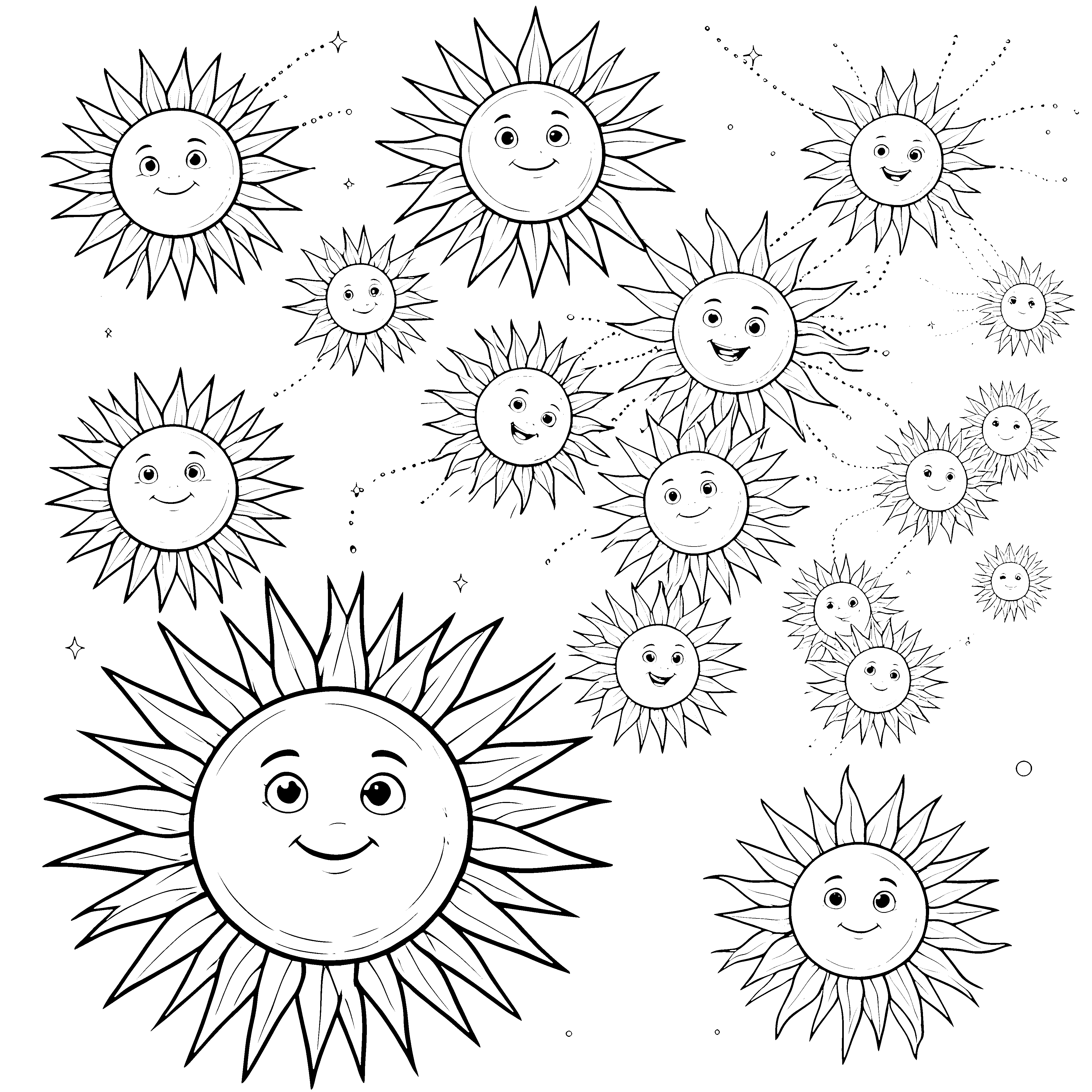 Strahlenfrohe Sonnen mit Gesichtern Ausmalvorlage für kleine Sonnenstrahlen
