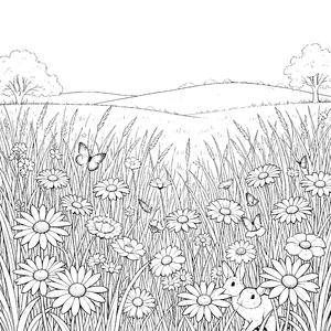 Bunte Sommerwiese mit Schmetterlingen Ausmalbild für Naturfreunde