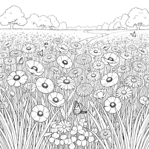 Farbenfrohe Sommerwiese mit Schmetterlingen Ausmalvorlage für Blumenpädagogen