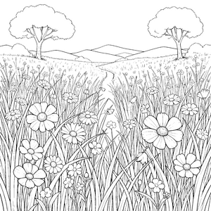 Idyllische Sommerwiese mit Bergen Malvorlage für fröhliche Blumenkinder